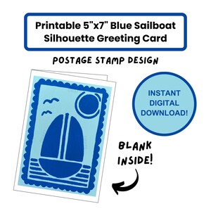 Printable 5x7 Blue Sailboat Silhouette Greeting Card, Sailboat Card, Painted Sailboat, Boat Cards, 5x7 Cards, Painted Cards, Sailing Card
