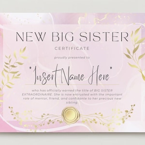 Certificado de hermana mayor imprimible / Anuncio de hermano editable / Premio de hermana mayor personalizable para niños