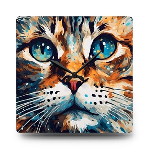 Könnte beinhalten: Nahaufnahme eines Katzenkopfes mit blauen Augen und orange-braunem Fell. Die Nase der Katze ist rosa und ihre Schnurrhaare sind weiß. Das Bild ist in einem farbenfrohen Stil gemalt.