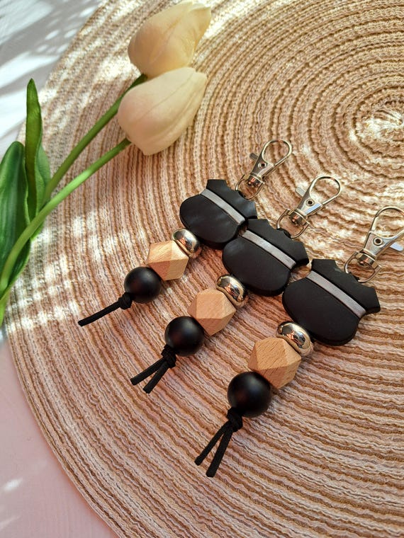Thin Silver Line Keychain, Silicone Wood Beads, Correctional