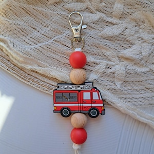 Firetruck Keychain, Bag Accessory, Zipper Keychain, Little Fireman,