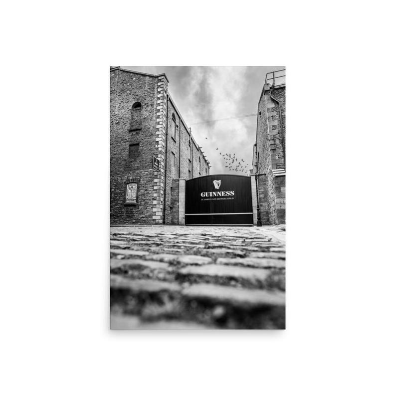 Black and white Guinness Gate Dublin photo print of St. James’s Gate Brewery – monochrome Ireland wall art for pub decor and travel lovers.