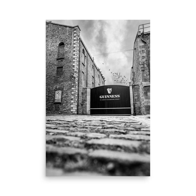 Black and white Guinness Gate Dublin photo print of St. James’s Gate Brewery – monochrome Ireland wall art for pub decor and travel lovers.