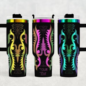 May include: Three black insulated tumblers with handles and straws. Each tumbler features a vibrant, symmetrical design in shades of yellow, pink, and blue. The design includes the text "YOUR TEXT" on one tumbler. The tumblers have a capacity of approximately 30 ounces.