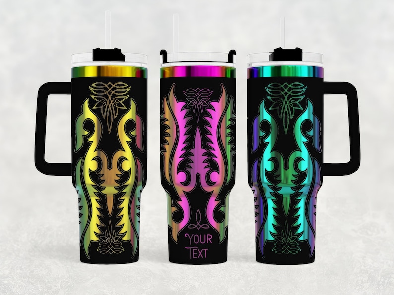 May include: Three black insulated tumblers with handles and straws. Each tumbler features a vibrant, symmetrical design in shades of yellow, pink, and blue. The design includes the text "YOUR TEXT" on one tumbler. The tumblers have a capacity of approximately 30 ounces.