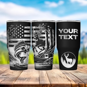 Personalized Hunting Fishing Tumbler: Laser Engraved Stainless Steel 30 oz Cup, Bass Fish Angler Drinkware, Custom Whitetail Deer Hunter Mug