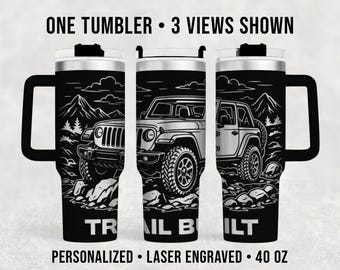 Trail Built 40 oz Engraved Off Road Tumbler, Personalized Stainless Steel 4x4 Cup, Overland Adventure Drinkware