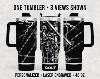 Personalized Lineman 40 oz Tumbler, Engraved Powder Coated Stainless Steel Cup, Lineworker Gift, Utility Worker Gift