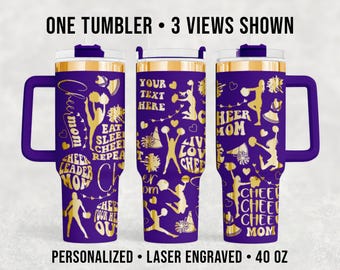 40 oz Cheer Mom Tumbler with Handle | Laser Engraved Cheerleader Travel Mug with Straw | Personalized Game Day Sports Mom Stainless Cup
