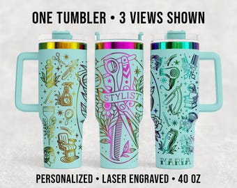 Tattoo Flash Hair Stylist Tumbler 40 oz, American Traditional Engraved Gift, Personalized