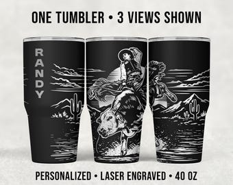 Bull Riding Tumbler 30 oz – Engraved Rodeo Cowboy Gift, Personalized Name