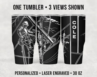 Personalized Lineman Tumbler 30 oz, Engraved Utility Lineworker Cup, Custom Name Lineman Drinkware