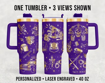 Tattoo Flash Police Officer Tumbler 40 oz, American Traditional Engraved Gift, Personalized