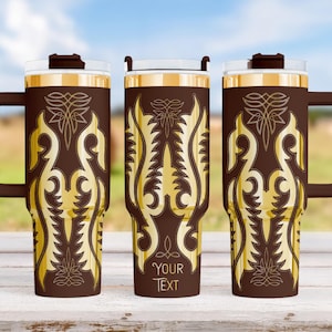 40 oz Cowboy Boot Stitch Tumbler, Laser Engraved Western Cowgirl Cup, Brown Gold Rodeo Drinkware, Personalized Country Mug image 1