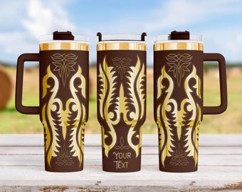 40 oz Cowboy Boot Stitch Tumbler, Laser Engraved Western Cowgirl Cup, Brown Gold Rodeo Drinkware, Personalized Country Mug