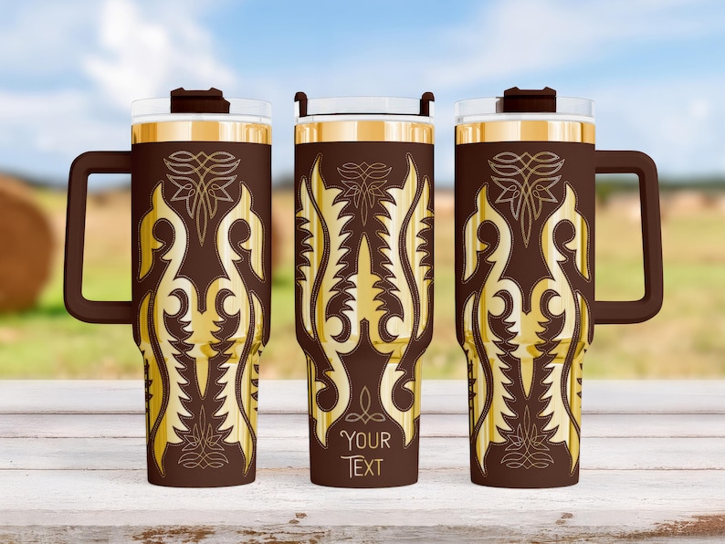 40 oz Cowboy Boot Stitch Tumbler, Laser Engraved Western Cowgirl Cup, Brown Gold Rodeo Drinkware, Personalized Country Mug image 1
