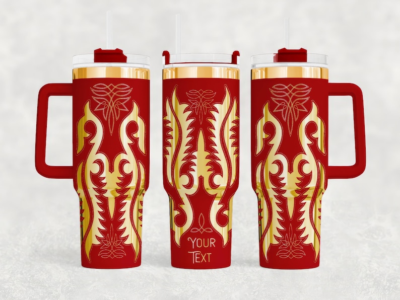 May include: Red insulated tumbler with a gold ornate design and a handle. The tumbler has a clear lid, a red handle, and a gold rim. The design includes the text "YOUR TEXT" in a decorative font. The tumbler is designed to hold cold or hot beverages.