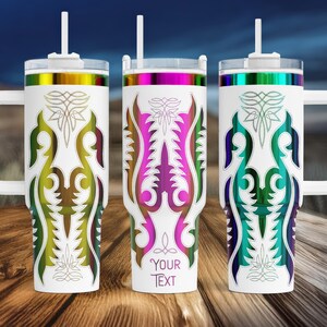 May include: Three white insulated tumblers with handles, lids, and straws. Each tumbler features a different color scheme: yellow and green, pink and purple, and teal and blue. The tumblers have a decorative design and the text "YOUR TEXT" is visible on one.