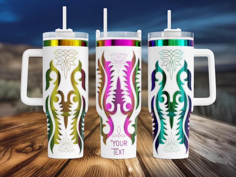 May include: Three white insulated tumblers with handles, lids, and straws. Each tumbler features a different color scheme: yellow and green, pink and purple, and teal and blue. The tumblers have a decorative design and the text "YOUR TEXT" is visible on one.