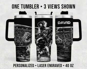 Personalized Bull Rider Tumbler, 40 oz Engraved Rodeo Cowboy Cup, Custom Name Western Drinkware