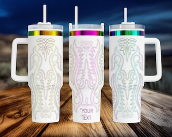 Western Boot Stitching Tumbler: 40 oz Engraved Stainless Steel Cup, Rodeo Cowgirl Mug, Rockabilly Cowboy Mug, Country Girl Ranch Drinkware