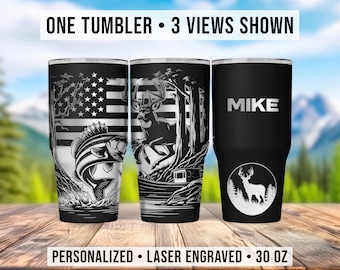 Personalized Deer Hunting & Bass Fishing Tumbler, 30 oz American Flag Engraved Cup