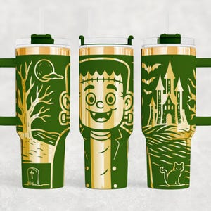 Halloween Frankenstein Tumbler – Engraved 40 oz Stainless Steel Cup, Spooky Monster Mug, Trick or Treat Party Drinkware, Cute Fall Gift
