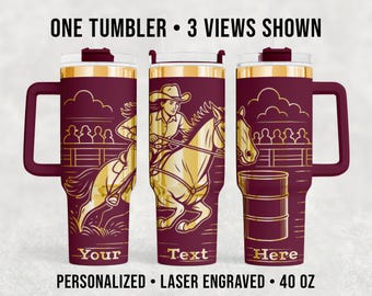 Personalized Barrel Racing Tumbler, 40 oz Laser Engraved Cowgirl Cup, Western Rodeo Horse Drinkware