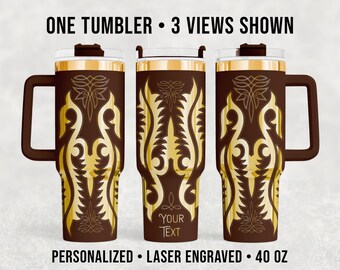 40 oz Cowboy Boot Stitch Tumbler, Laser Engraved Western Cowgirl Cup, Brown Gold Rodeo Drinkware, Personalized Country Mug