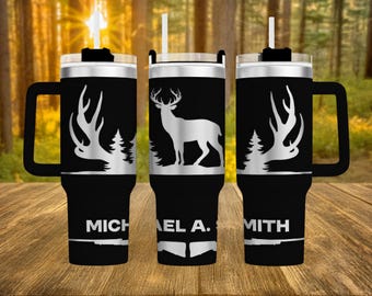 Personalized Deer Hunter 40 oz Tumbler with Handle, Custom Name Engraved Whitetail Buck Hunting Cup