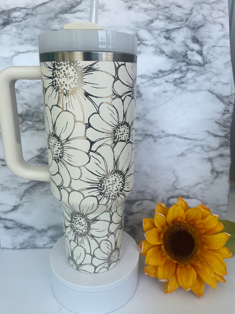 Stanley Engraved Engraved 40oz Tumbler Stanley H2.0 Quencher Daisy Tumbler Floral Tumbler Cream Tumbler 23 colors available image 2