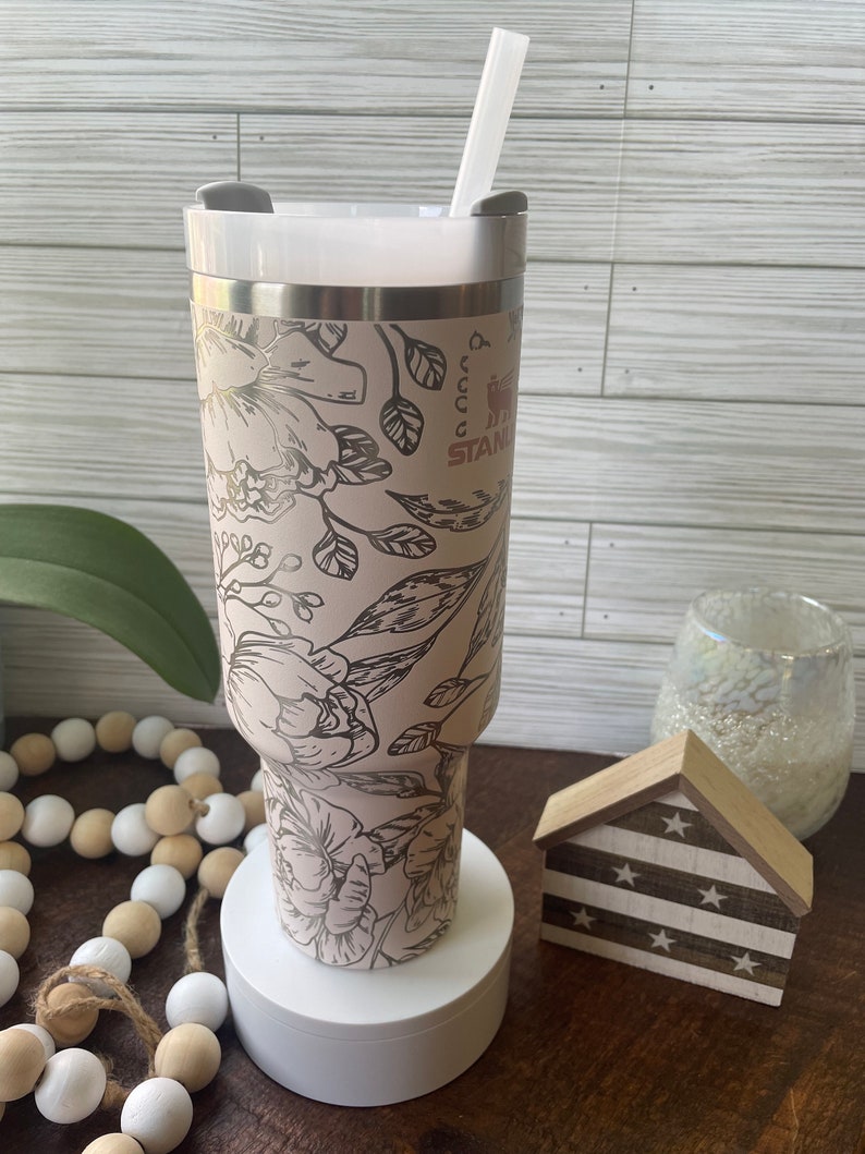 Stanley Engraved Engraved 40oz Tumbler Stanley H2.0 Quencher Peony Tumbler Floral Tumbler Custom Tumbler 27 colors available image 3