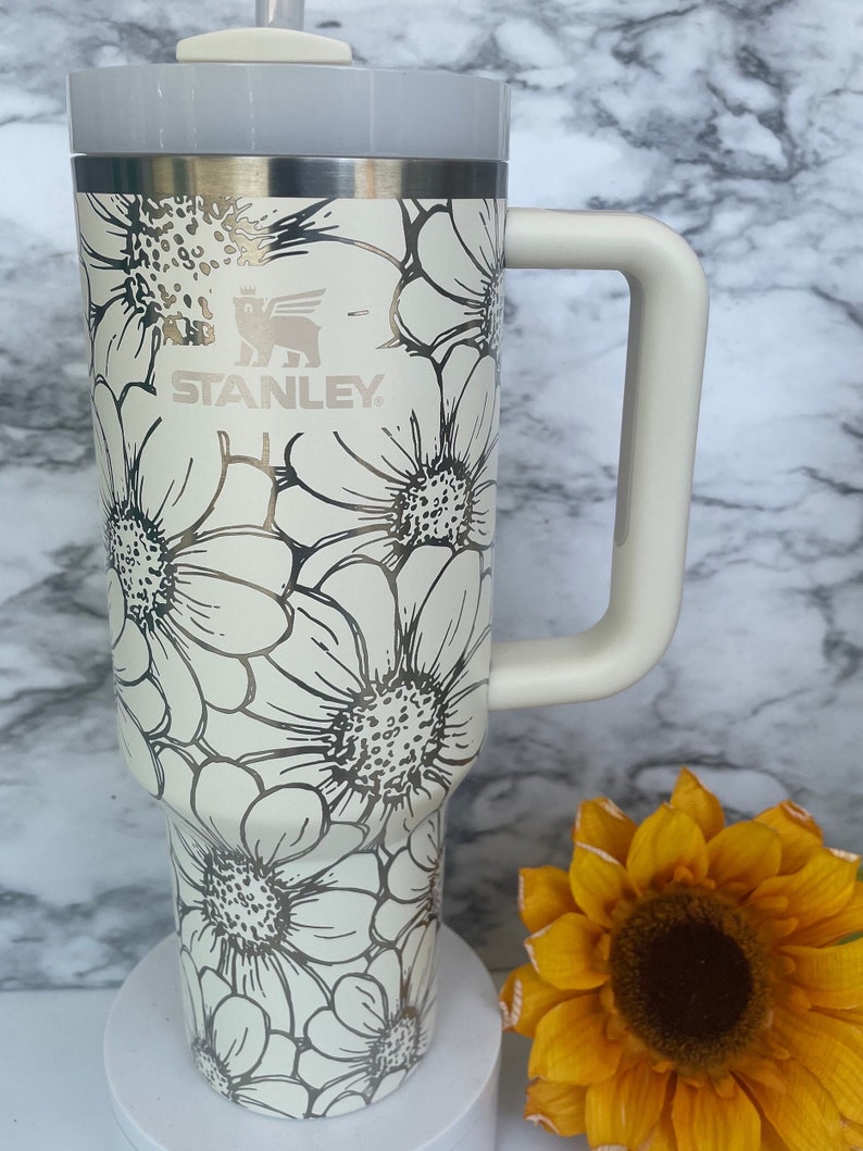 Stanley Engraved Engraved 40oz Tumbler Stanley H2.0 Quencher Daisy Tumbler Floral Tumbler Cream Tumbler 23 colors available image 1