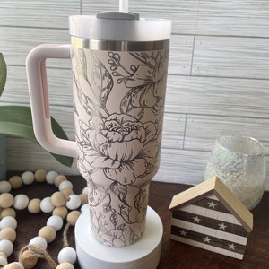 Stanley Engraved Engraved 40oz Tumbler Stanley H2.0 Quencher Peony Tumbler Floral Tumbler Custom Tumbler 27 colors available image 2