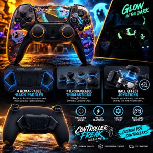 May include: A custom PS5 controller featuring a glow-in-the-dark graphic design with colorful characters. It includes four remappable back paddles, interchangeable thumbsticks with three height options, and Hall Effect joysticks for precision.