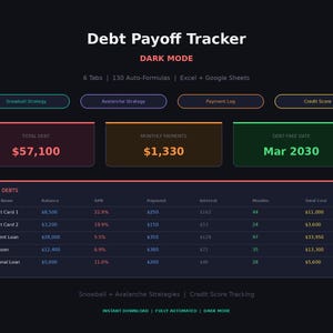 May include: Dark mode debt payoff tracker with the title "Debt Payoff Tracker". The tracker includes sections for total debt, monthly payments, and debt-free date. It also lists debts with balances, APRs, payments, interest, months, and total costs.
