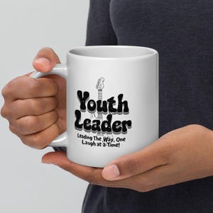 Youth Leader Mug - Christian Youth Pastor Gift Coffee Cup with Retro Guitar - Leading with Laughter Church Ministry Mug