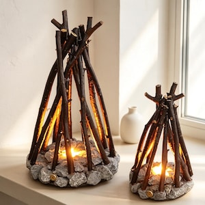 Puede incluir: Dos lámparas cónicas construidas con ramas de color marrón oscuro dispuestas en forma de tipi, sobre bases circulares de piedras grises artificiales. Cada lámpara presenta una fuente de luz cálida y brillante en el centro, creando un efecto de fogata.
