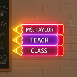Letrero de neón LED con lápiz de clase personalizado con el nombre del profesor, neón con iluminación de borde, decoración LED para el aula, letrero de bienvenida personalizado para el profesor, decoración de bienvenida para el aula