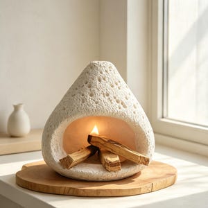 May include: A white, porous, teardrop-shaped stone incense burner with a hollow center. Inside the opening, three light brown wooden sticks are arranged in a small pile, with a single flame burning at the tip of one stick, emitting a soft glow.