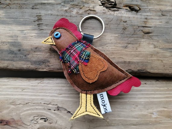 Hen Keyring Tartan Scarf Chicken Lover Gift brown Hen Leather Hen Applique Chicken Keyring Hen Keychain Animal Keychain Farm Keyring Etsy