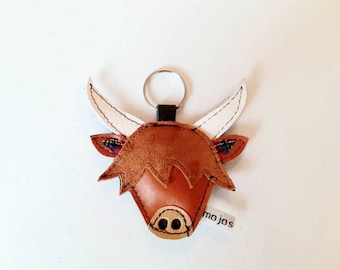 Handmade Leather Highland Cow Keyring: Tan Cow Key Fob