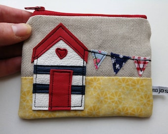 New!Beach hut appliqué purse beach hut purse Beach hut coin purse Beach hut pouch linen Beach hut coin purse leather applique mojosewsew