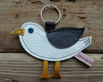 Recycled Leather Seagull Keychain, Handmade seaside Bird bag charm