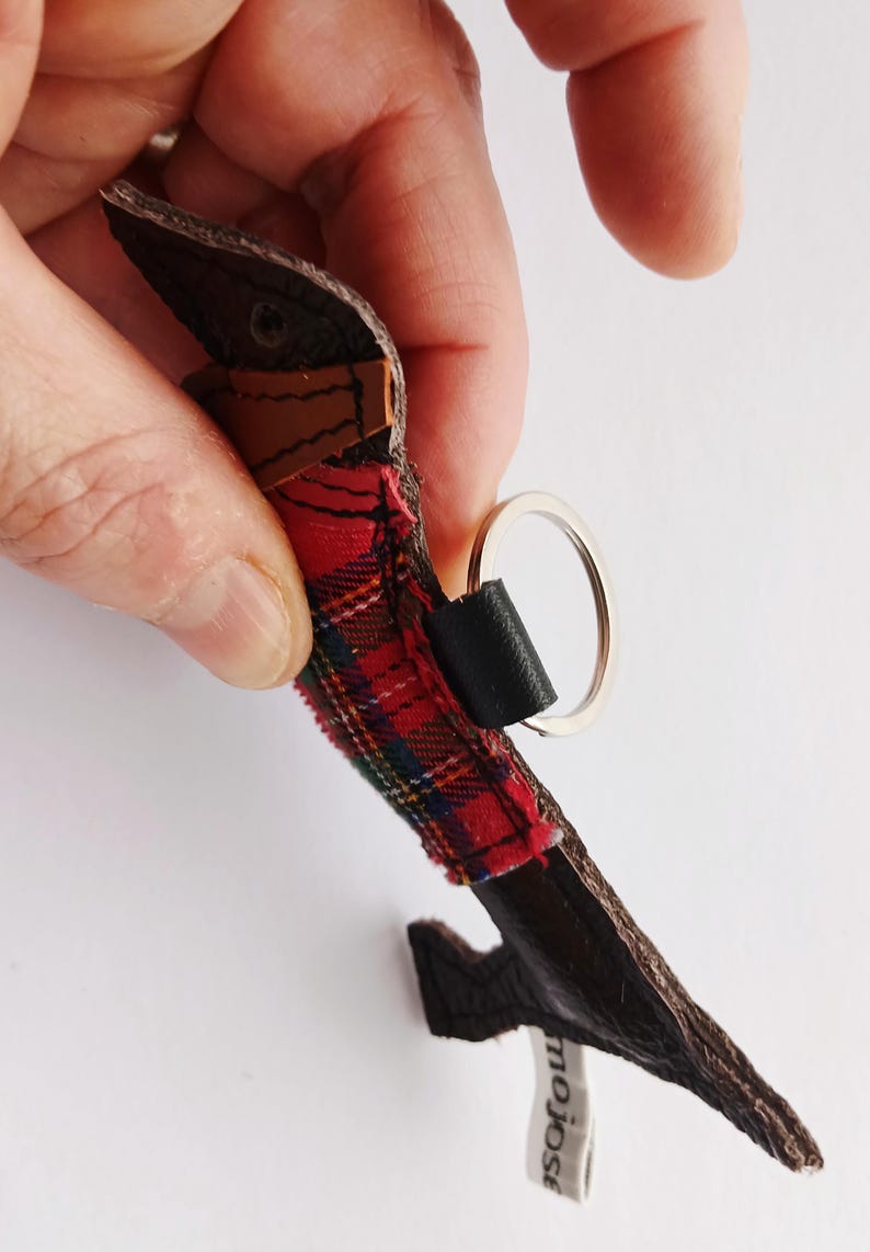 Handmade Leather brown Dachshund Keyring: Tartan Coat Sausage Dog Keychain image 8