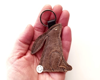 Brown leather hare keychain, handmade woodland rabbit bag charm, animal lover gift