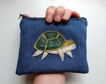 Handmade Denim Turtle Coin Purse: Leather Tortoise design
