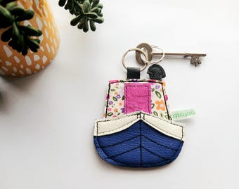 Handmade Leather Narrow Boat Keyring:Personalised Floral Canal Boat Charm