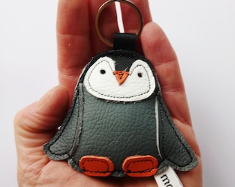 Handmade Recycled Leather Penguin Keychain: bird bag charm
