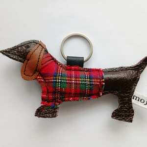 Handmade Leather brown Dachshund Keyring: Tartan Coat Sausage Dog Keychain image 5